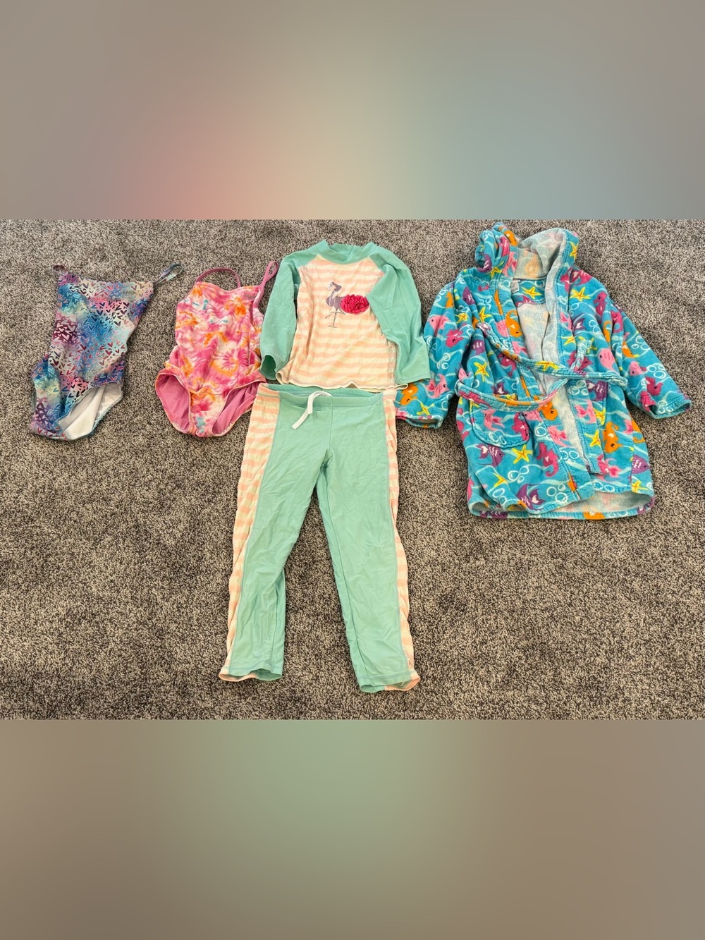 Super cute girls size 10 10/12 3 swimsuits and a cover-up robe